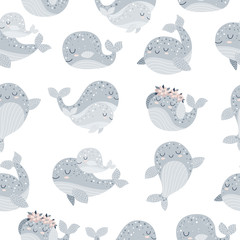 Vector seamless pattern with cute whales