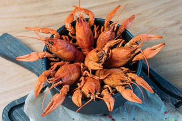many boiled crayfish served and served in a pan for lunch delicious