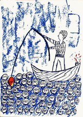 Young man fishing a good idea in a sea of light bulb vector hand drawing
