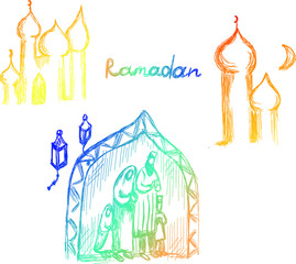 Set Ramadan sketch  color elements . ramadan kareem design vector template.sketch element for celebration card design. Arabian family.Vector
