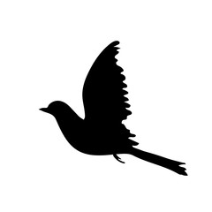 Icon of bird dove flying in sky. Flat cartoon character design. Black cute peace pigeon silhouette template. Vector illustration isolated on white background.