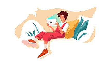 Obraz premium girl smiling laying on a pillow using tablet. pretty girl sitting and surfing the internet on a phone illustration. Vector eps10.woman chilling with a device. Concept of relaxing and joy. Smiling teen