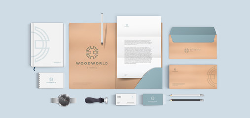 Creative corporate style for wood or furniture company. Vector branding identity template set.