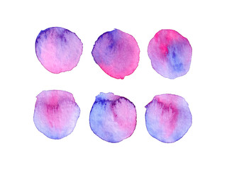 Abstract hand drawn blue pink watercolor circles.