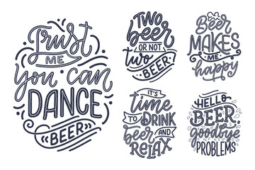 Set with lettering quotes about beer in vintage style. Calligraphic posters for t shirt print. Hand Drawn slogans for pub or bar menu design. Vector
