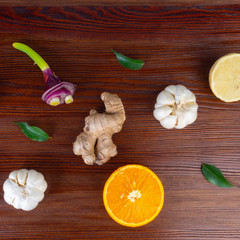 Healthy products for Immunity boosting and cold remedieson wooden background
