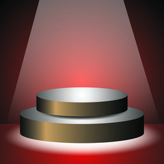 Round podium, pedestal or platform, illuminated by spotlights in the background. 