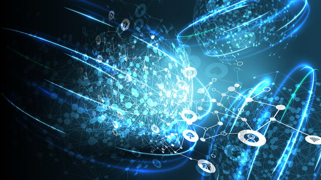 Blue abstract network backround with globe, vector illustration