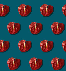 Seamless pattern with anthurium Flower. Dark blue background. Sketch textile, background, wrapping paper design, packaging.