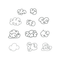 Hand Drawn Doodle Clouds Set,isolated clouds on white background. Vector Illustration.
