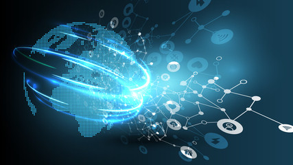 Blue abstract network backround with globe, vector illustration