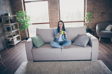 Nice attractive lovely cheerful brunette girl sitting on divan drinking hot green tea spending time in safety watching tv channel show modern loft brick industrial house apartment