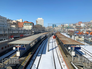 Vladivostok, Russia. Railway platforms and a view of the city of Vladivostok in early spring