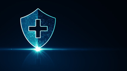 Medical healthcare system protection concept. Futuristic medical health protection shield icon with shining wireframe above multiple on dark blue background.