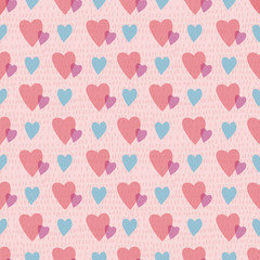 Love hearts on pink textured background. Pattern for fabric, wrapping, textile, wallpaper, apparel. Vector illustration