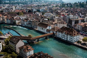 Fototapeta na wymiar aerial view of Lucerne Switzerland river and bridge