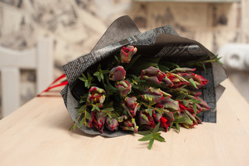red flowers on a table