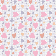 Love hearts on lilac textured background. Pattern for fabric, wrapping, textile, wallpaper, apparel. Vector illustration