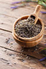Lavender flowers in a wooden bowl