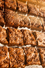 Closeup of homemade chocolate brownies that are baked on a tray
