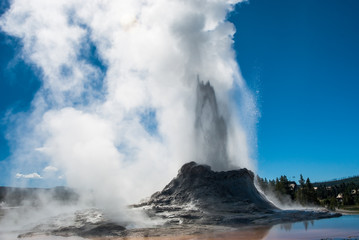 Backlit view of Castle Geyser erupting in Yellowstone National Park's Upper Geyser Basin