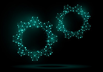 Abstract gear model with backlight on a black background. Shiny frame triangular mesh gear icon. Vector