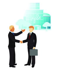 Blond tanned older person is shaking hands with young red-haired specialist. Glass building in the background. Welcoming new employee to the office. Buying or inheriting property. Making agreement.