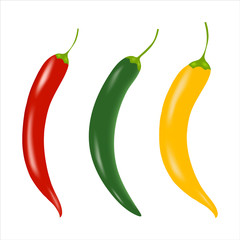 Three multi-colored pods of chili pepper on a white background. Red, green and yellow. Realistic performance.