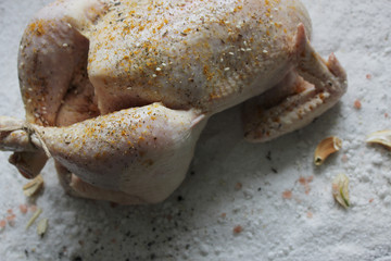 Whole raw chicken with spices on a salt base and ready to fry. Roasting meat on a salt base.