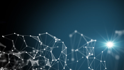 Technology network and communication with line and dot moving with transfer information data line and dot on blue background. Network background science concept.