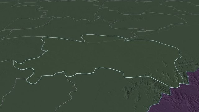 Benue, state with its capital, zoomed and extruded on the administrative map of Nigeria in the conformal Stereographic projection. Animation 3D