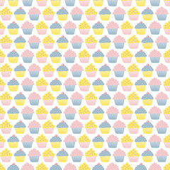 Pastel cupcakes baking with icing and cherries. Pattern for fabric, backgrounds, wrapping, textile, wallpaper, apparel. Vector illustration