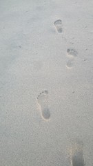 Footprints in the sand. Steps along the shore.