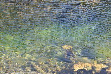 Teich mit Algen, von kleinen Wellen bewegte Wasseroberfläche