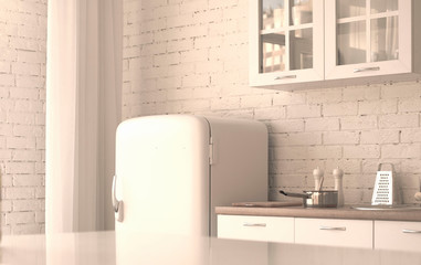 Loft style kitchen. Everything is in bright colors