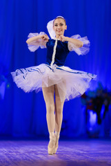 Young girls ballerina in a blue and white costume dancing performance on stage in a theater © Kozlik_mozlik