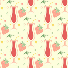 Cocktail seamless pattern. Abstract summer background. Vector illustration beverage and strawberry. Repeating texture with fresh lemonade. Colorful ornament. Modern design paper, wallpaper, textile.