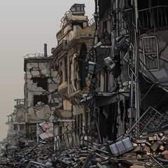 ruins of destroyed city buildings with trash below