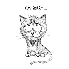 Vector illustration cartoon cat. Sketched little cute kitten. Stylized cartoon beautiful kitty. Post card for  apologies.