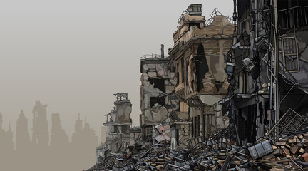 urban background ruins of ruined buildings with trash below