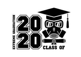 2020 Quarantine extreme graduation party. Graduate in a respirator and goggles. Concept for the design of a greeting card, logo, flyer, t-shirt design. Illustration, vector