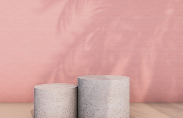 Natural beauty poduim backdrop with Stone texture and tropical palm tree leaves shadow for cosmetic product display.  3d rendering.