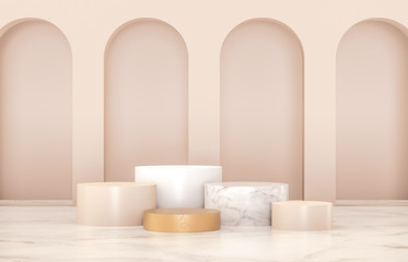 Beauty fashion luxury podium backdrop for product display. minimalist gold, marble and white background. 3d render.