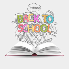 Welcome back to school idea gray, monochrome doodles icons and open book. Vector illustration. Can be used for workflow layout, step up options, web design, banner template