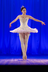 woman ballerina in a white tutu dancing performance on stage in a theater on a blue background © Kozlik_mozlik