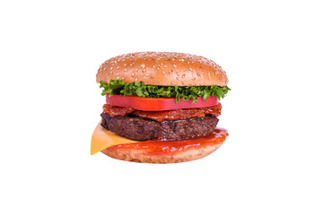 Fresh burger with pork and beef cutlet, Cheddar cheese, sun-dried tomato, Bulgarian grilled pepper, lettuce mix isolated on white background.
