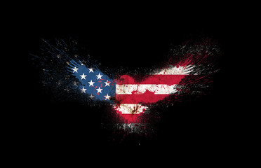Usa grunge flag silhouette of a flying eagle with spread wings with paint splatters isolated on a black. American flag silhouette in a form of a flying eagle with spread wings with paint splash.