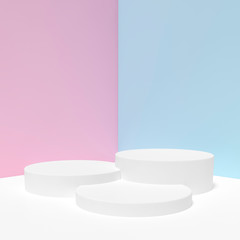 White podium stage backdrop on blue and pink two tone background for product display stand or used in other designs 3d rendering. 3d illustration template minimal beauty style concept.