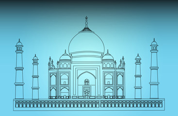 Taj Mahal of India using black lines on blue background