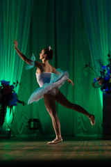 Young girl ballerina in a light blue dress tutu dancing performance of a ballet on stage in a theater © Kozlik_mozlik